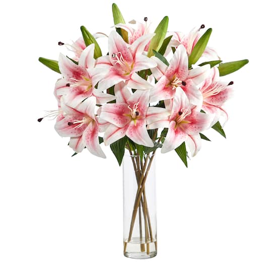 25&#x22; Artificial Pink Lily Arrangement with Cylinder Glass Vase